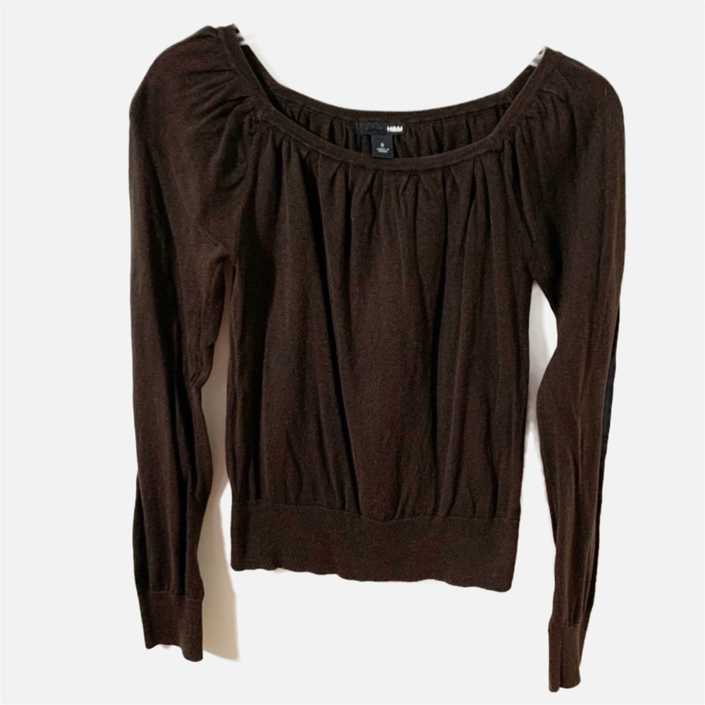 H & M Silk Blend Scoop Neck Gathered Shoulders and Neckline Pullover Top Brown🤎